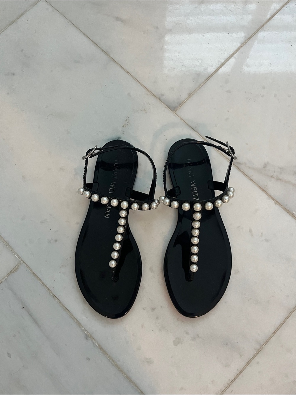 Stuart Weitzman Black Jelly T-Strap Sandals with Pearl Trim
